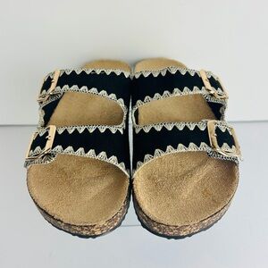 NWT Niki Slip On Sandals Women's 11 Black Double Strap Gold Buckles Embroidered